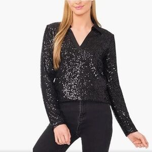 SOUTHERN FANCY Black Sequin Long Sleeve Blouse / Size L/XL / NWT